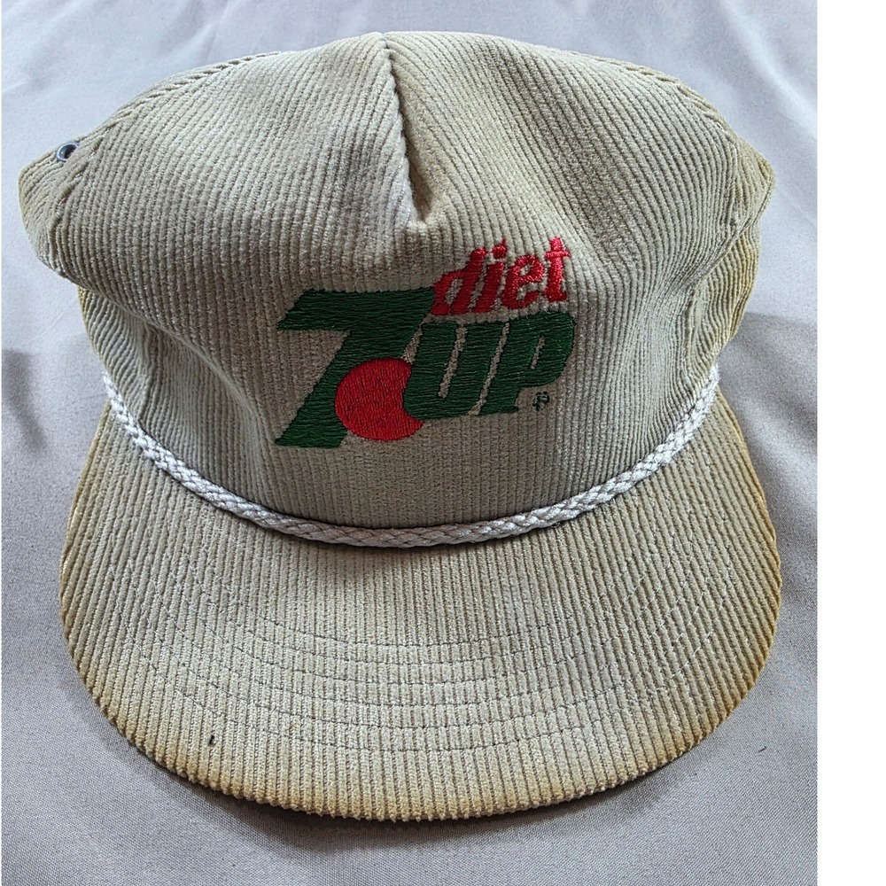 Vintage Diet 7Up Snapback Hat Men OS Tan Corduroy Rope Trucker Cap